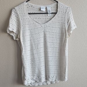 Emma James Cream Crochet Short-Sleeve V-Neck Top